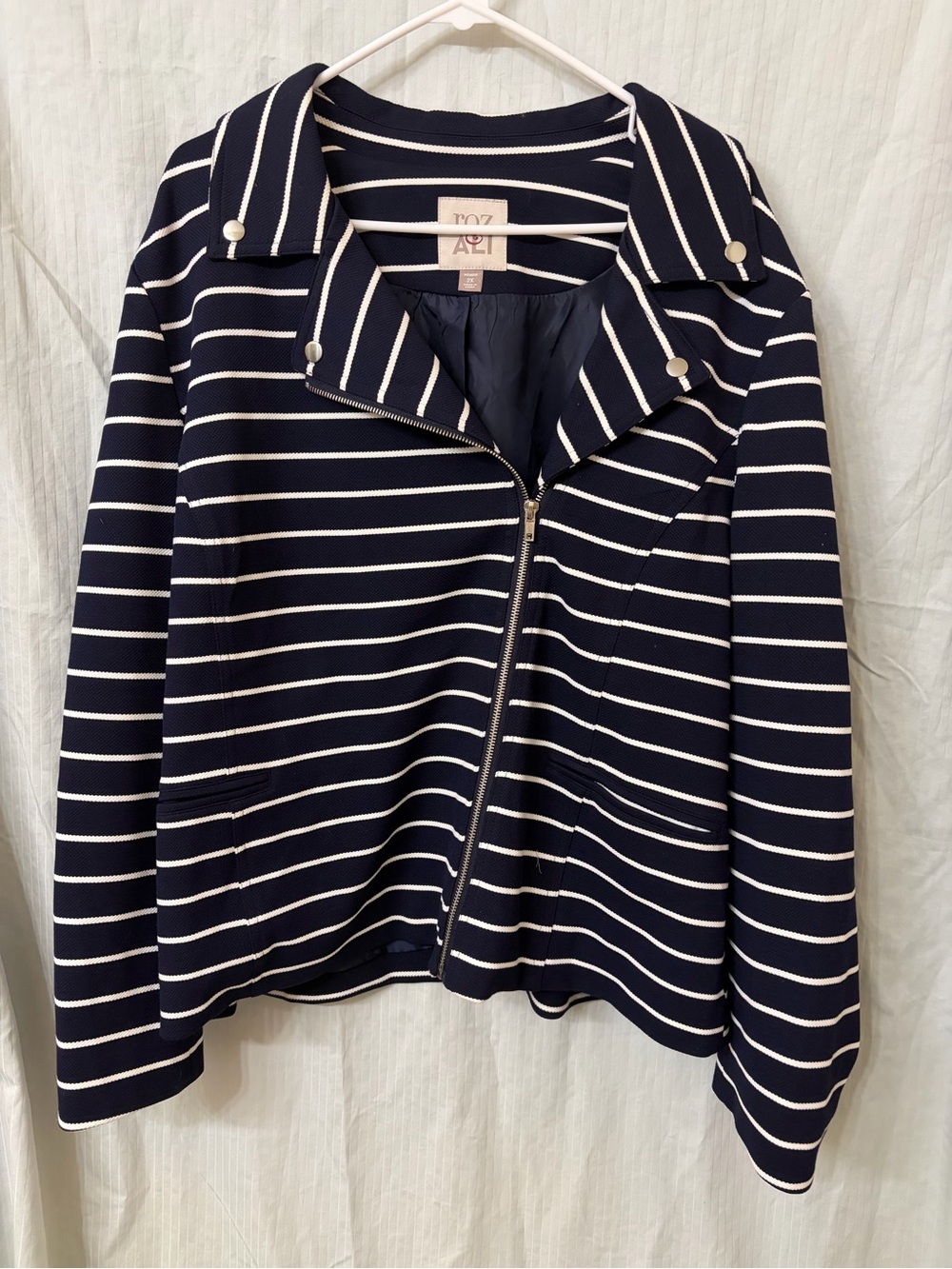 Roz & Ali Navy and White Striped Zip Moto Jacket